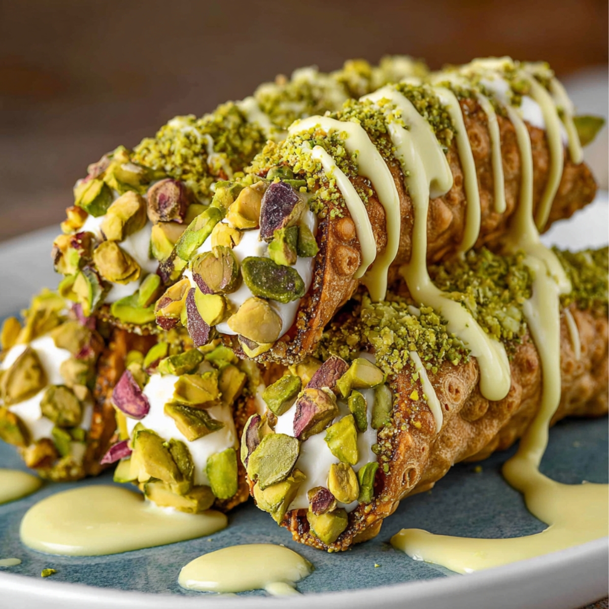 Homemade pistachio cannoli with ricotta filling, chopped pistachios, and white chocolate drizzle.