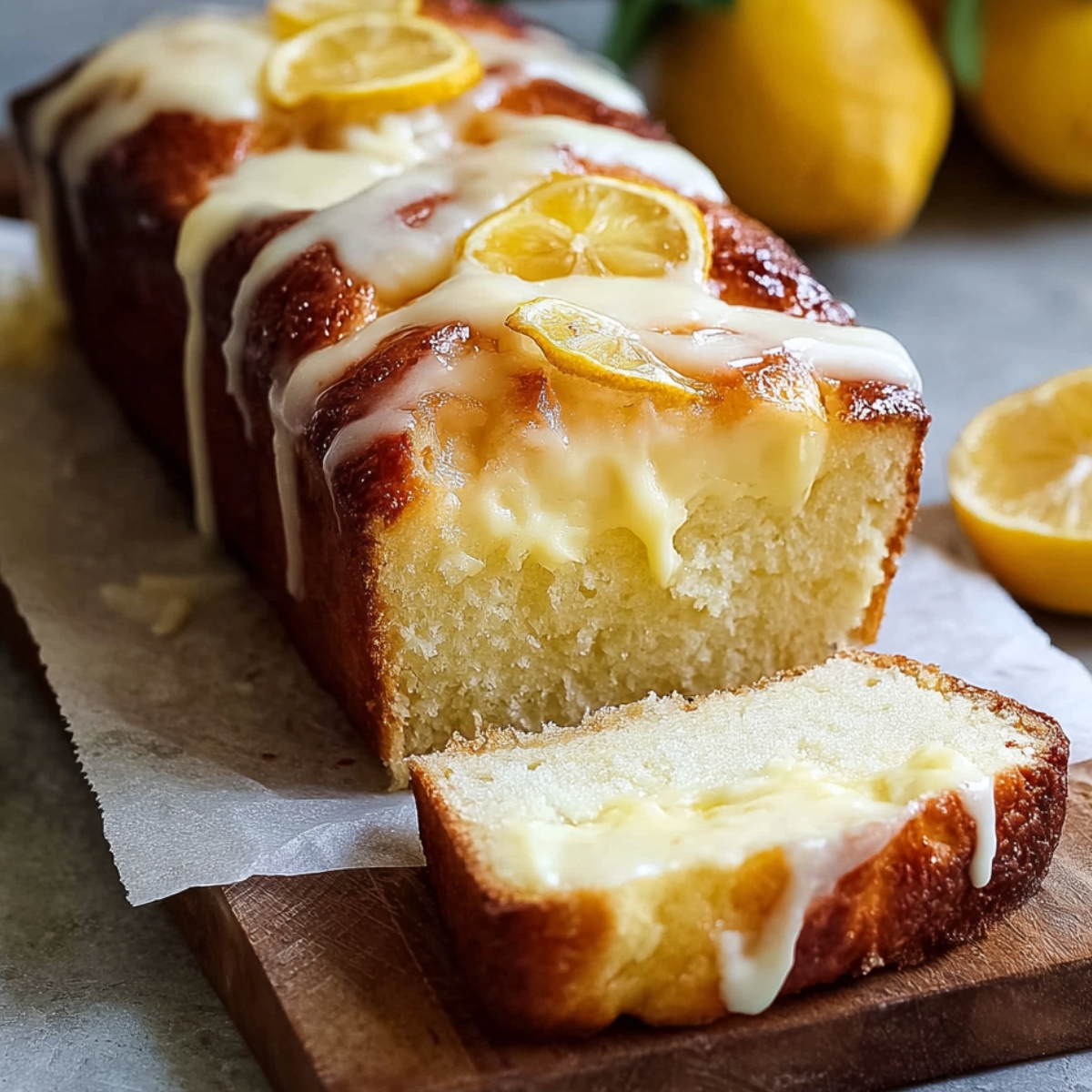 Homemade lemon cream cheese bread on a wooden board, topped with dripping lemon glaze and lemon slices, with two cut slices showing a moist, tender crumb; fresh lemons in the blurred background.