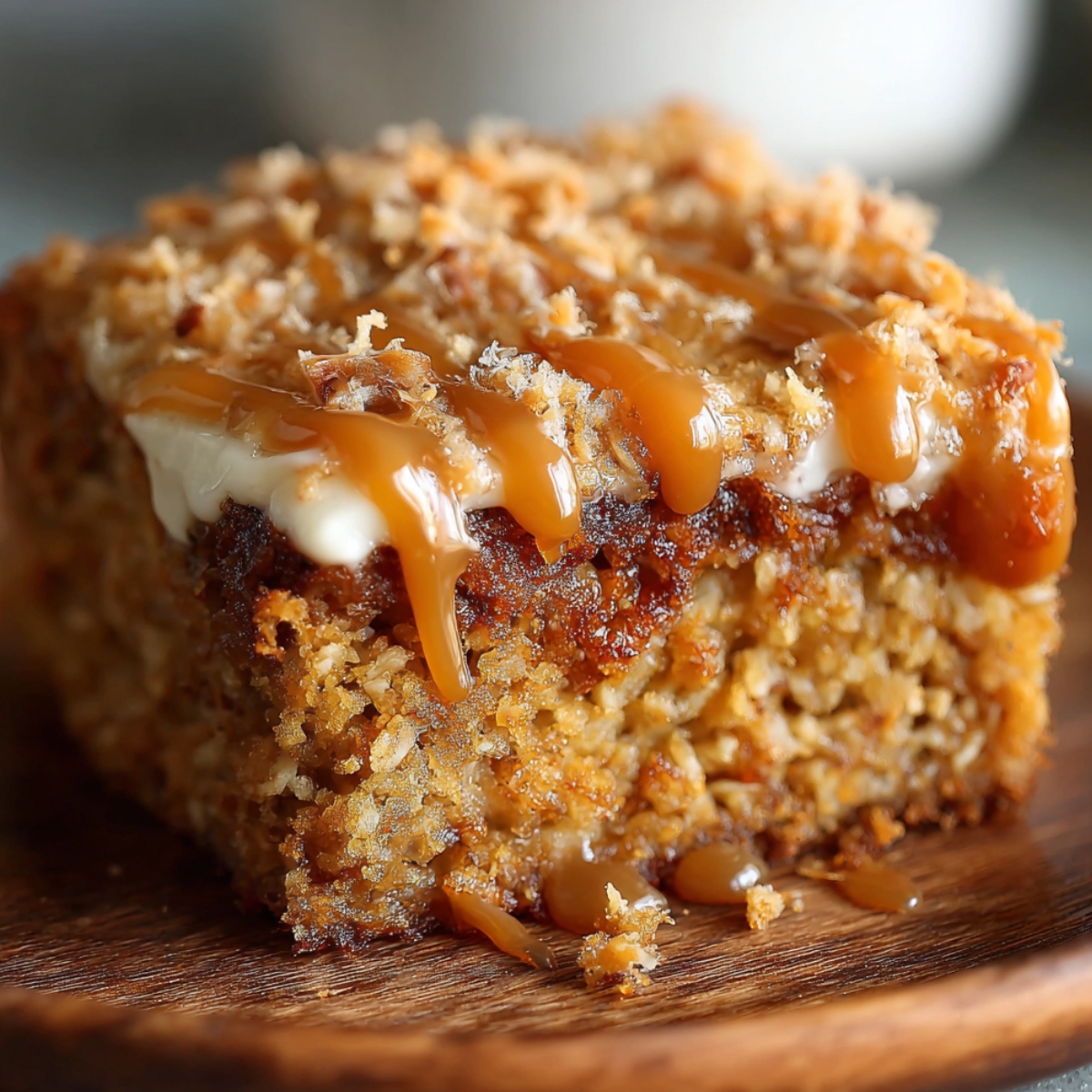Easy Oatmeal Cake Recipe slice with toasted coconut topping and caramel drizzle on a wooden plate.