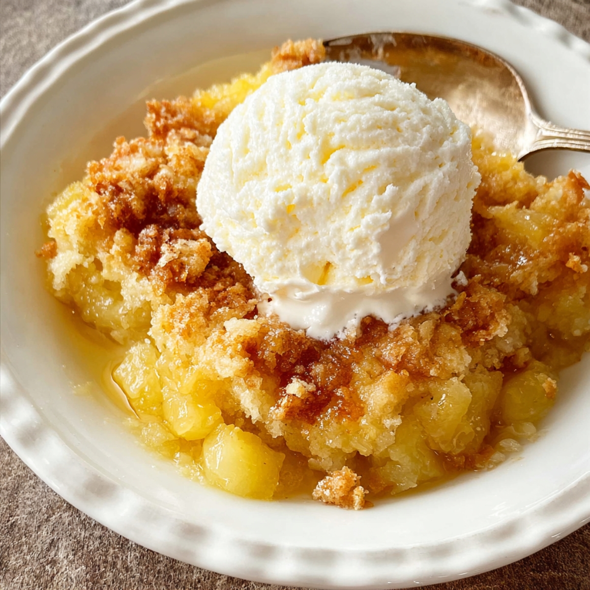 Easy Pineapple Dump Cake topped with vanilla ice cream in a white bowl with a gold spoon.
