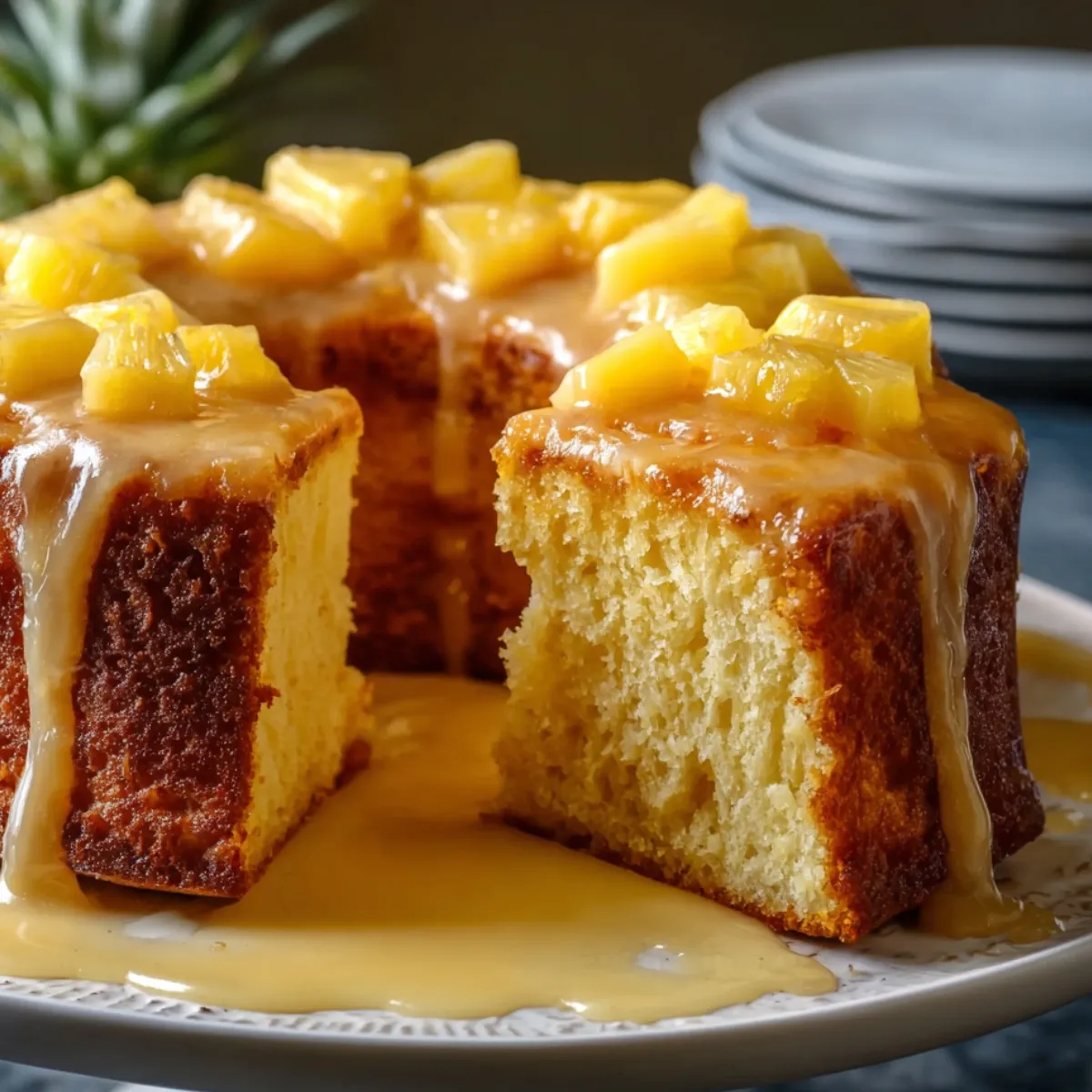 Moist Easy Pineapple Juice Cake Recipe with glaze and pineapple chunks on top.