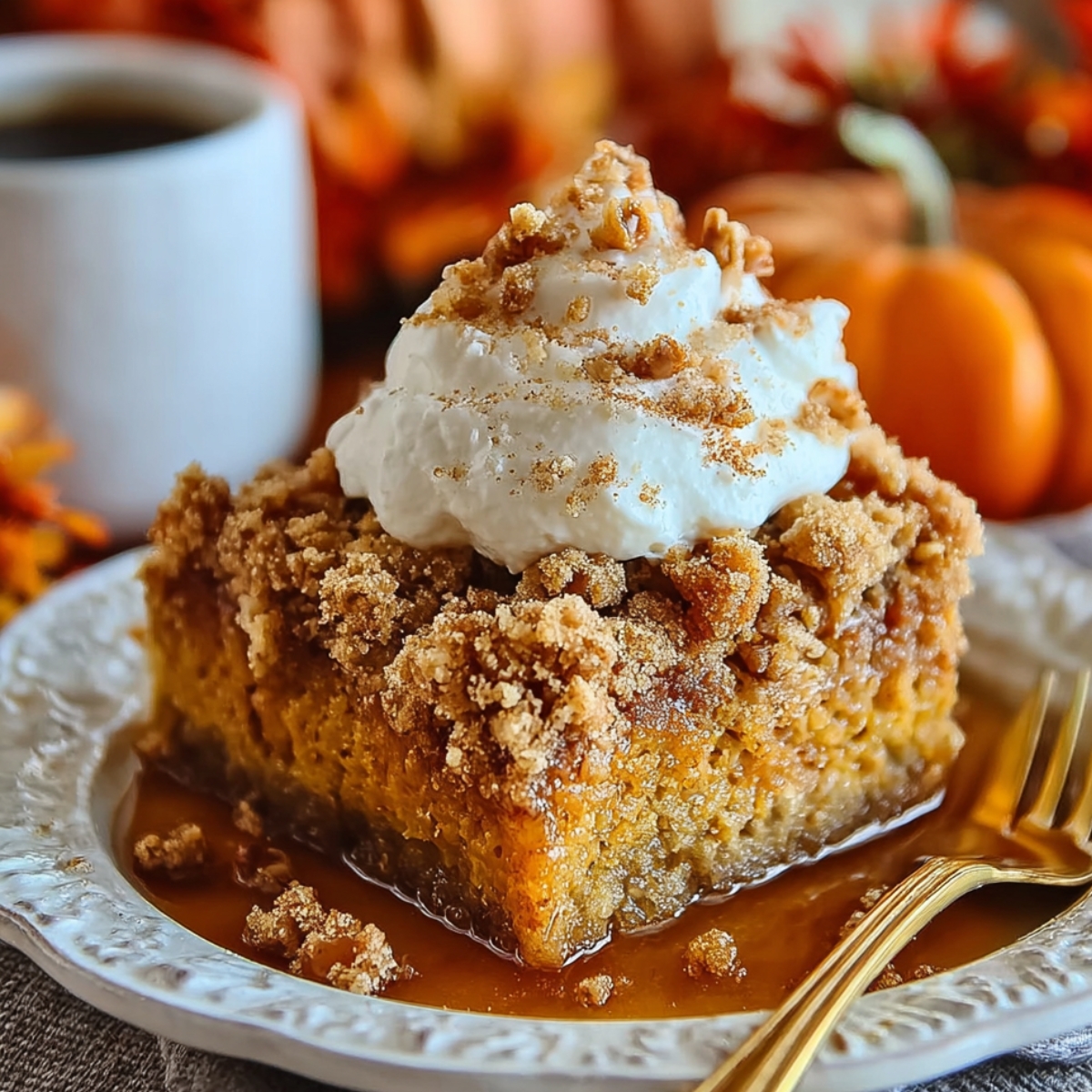 A realistic photo of a homemade pumpkin crunch cake slice on a white plate, topped with streusel and whipped cream dusted with cinnamon. Caramel sauce pools around the base with a gold fork beside it. In the warm autumn background are a coffee mug, pumpkins, and fall flowers.