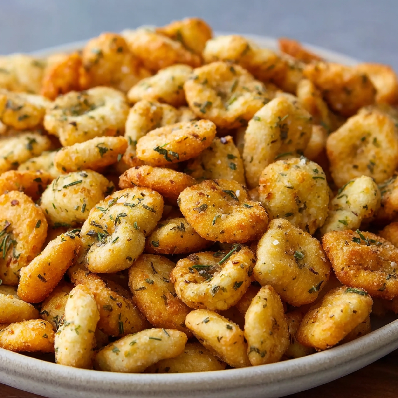 Golden homemade ranch oyster crackers in a ceramic bowl, coated with herbs and seasoning.