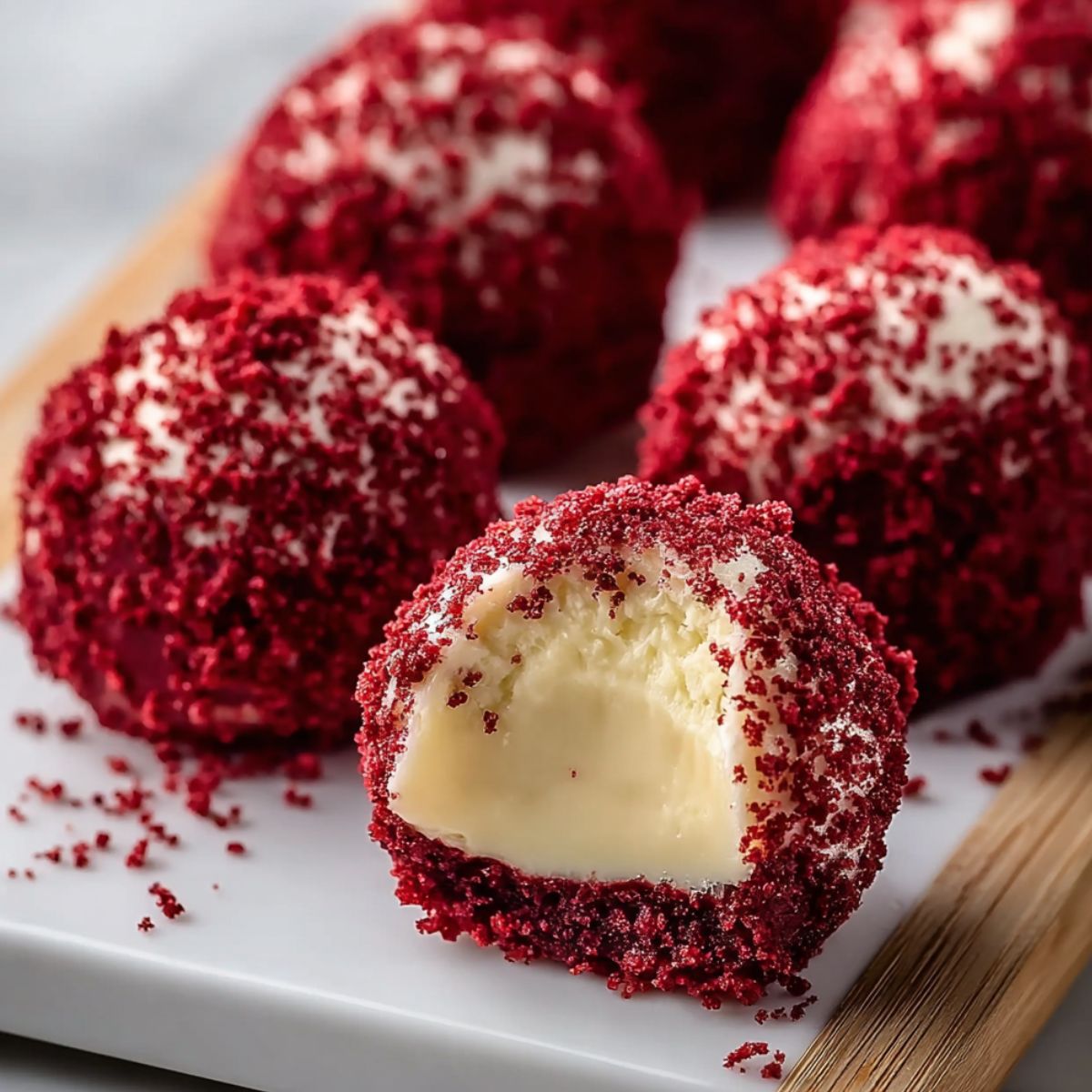Homemade red velvet cheesecake bites on a white serving board, coated in red velvet crumbs with creamy cheesecake centers, one with a bite showing the smooth filling.