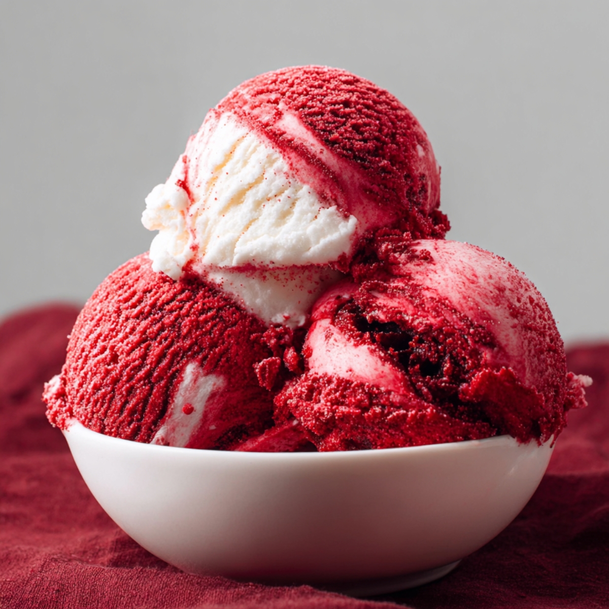 Easy Red Velvet Ice Cream Recipe in a white bowl, featuring vibrant red color with creamy white swirls. The ice cream has a slightly rough, churned texture and sits on a burgundy cloth with a soft gray background, creating a natural, homemade look.