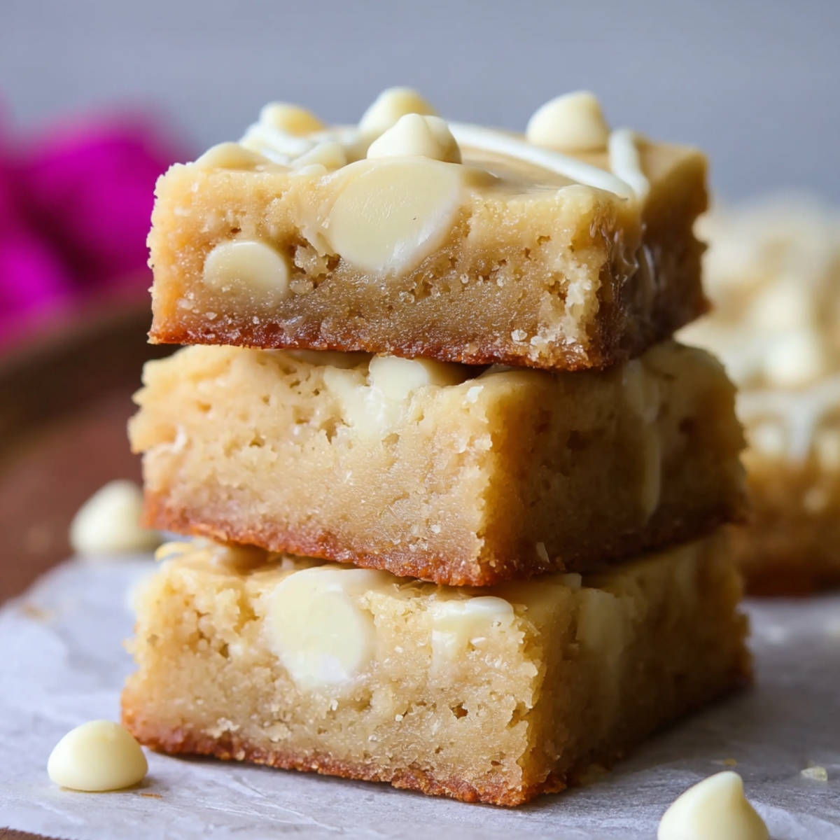 Easy White Chocolate Brownies with fudgy centers, melted chips on top, and scattered chips on parchment paper.