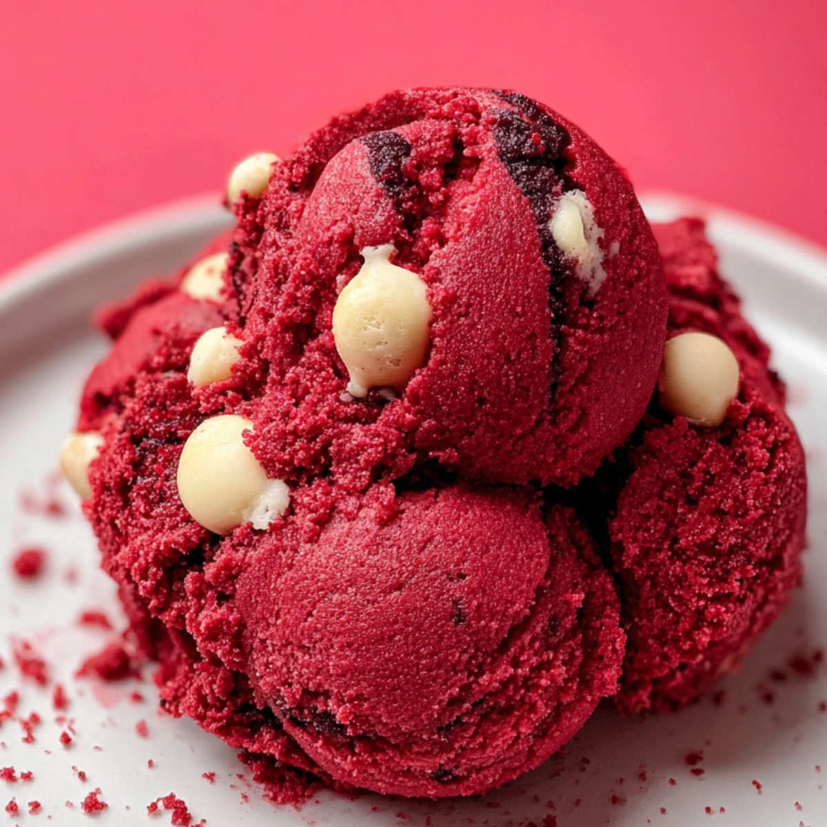 Edible Red Velvet Cookie Dough scoops stacked on a white plate, with a rich red color, white chocolate chips, and red crumbs on a pink background.