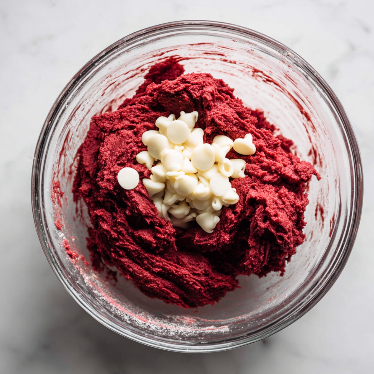 A glass mixing bowl filled with rich red velvet cookie dough, topped with a pile of white chocolate chips, ready to be folded in. Set on a light marble surface with soft natural lighting.