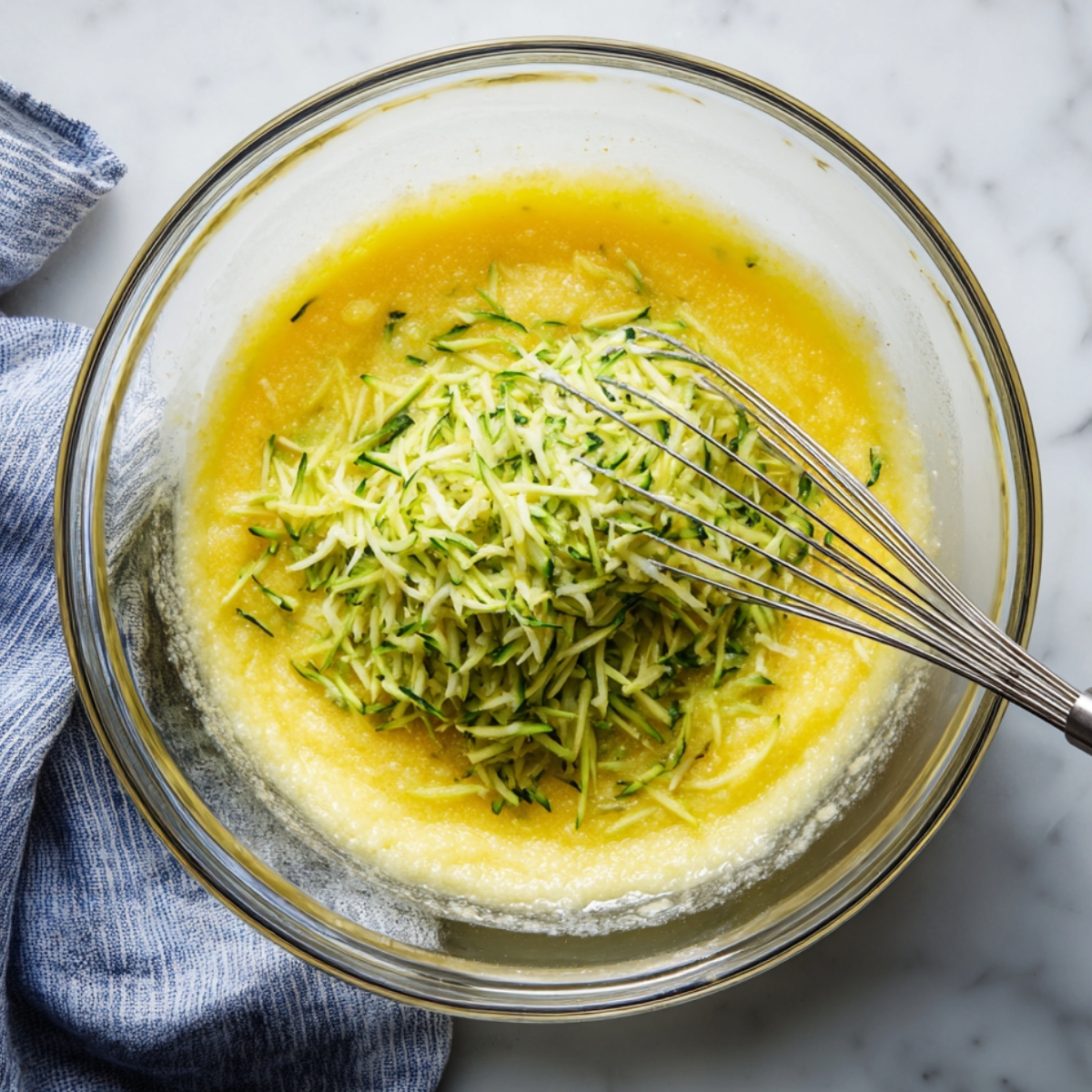 Grated zucchini added to lemon cake batter in a glass bowl, ready to be folded in with a whisk on a marble countertop.