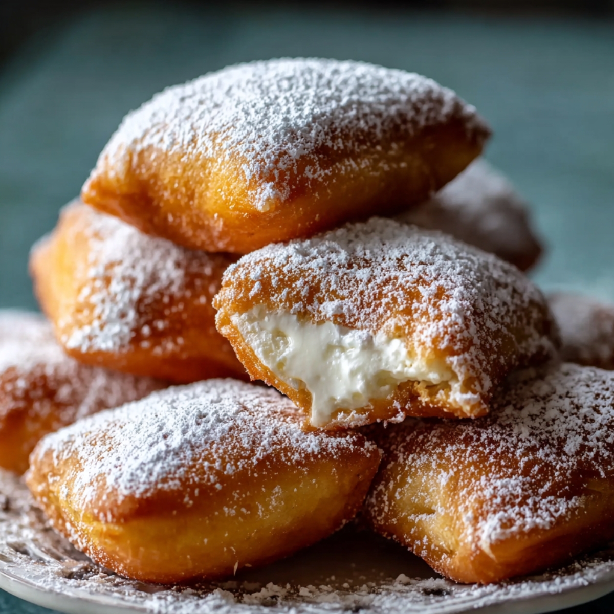 Stack of golden French beignets on a plate, dusted with powdered sugar, with one filled pastry oozing cream.