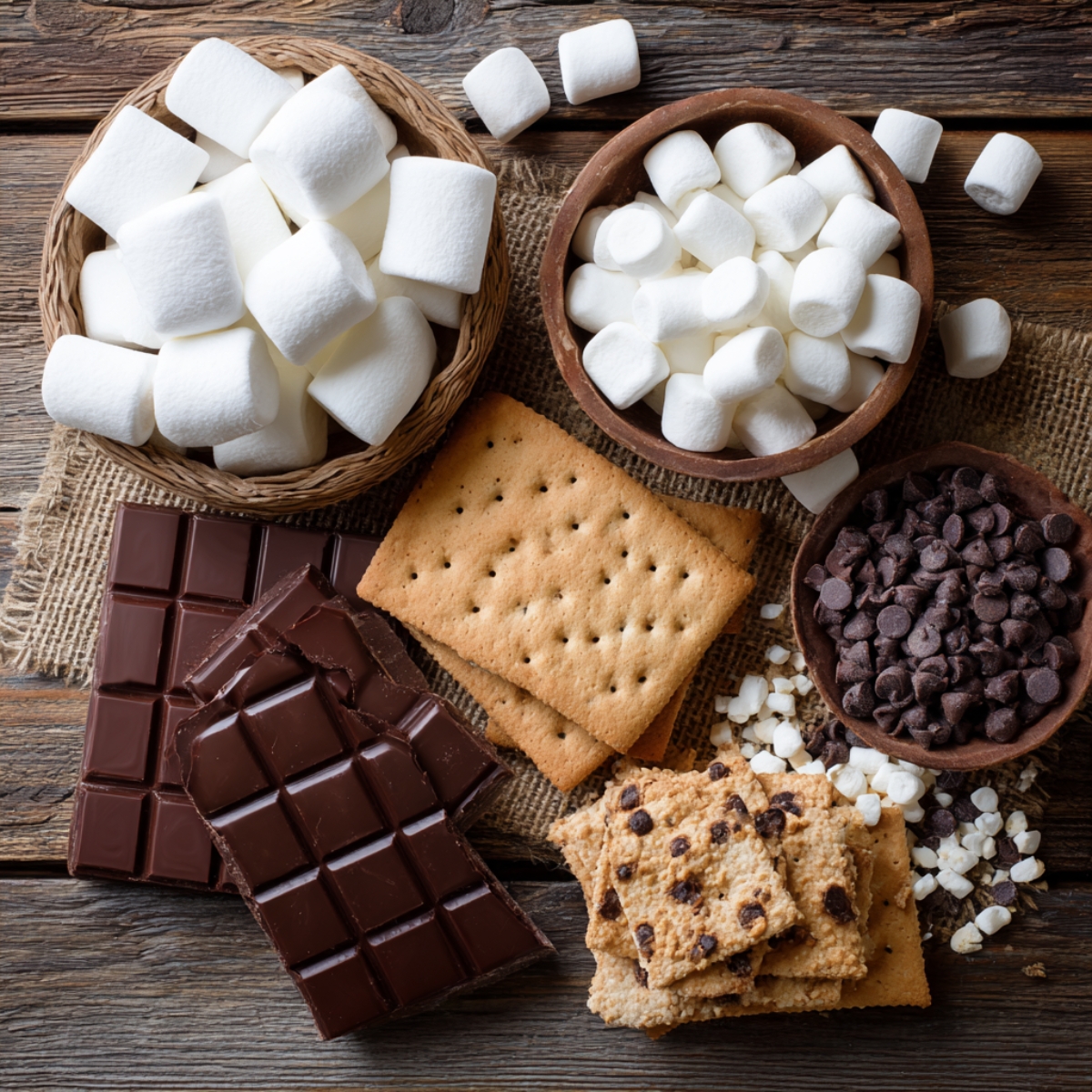 S’mores ingredients on a rustic wooden surface—marshmallows, chocolate bars, graham crackers, and mini chocolate chips in bowls and baskets.