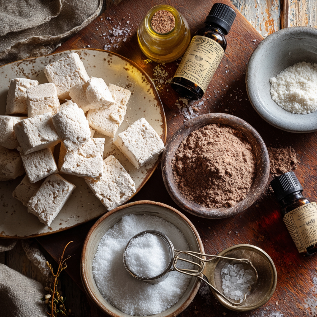 Homemade s’mores bomb ingredients on a rustic wooden surface—square marshmallows, cocoa powder, powdered sugar, sea salt, vanilla extract, and oil, all in small bowls and jars with a cozy, real kitchen feel.