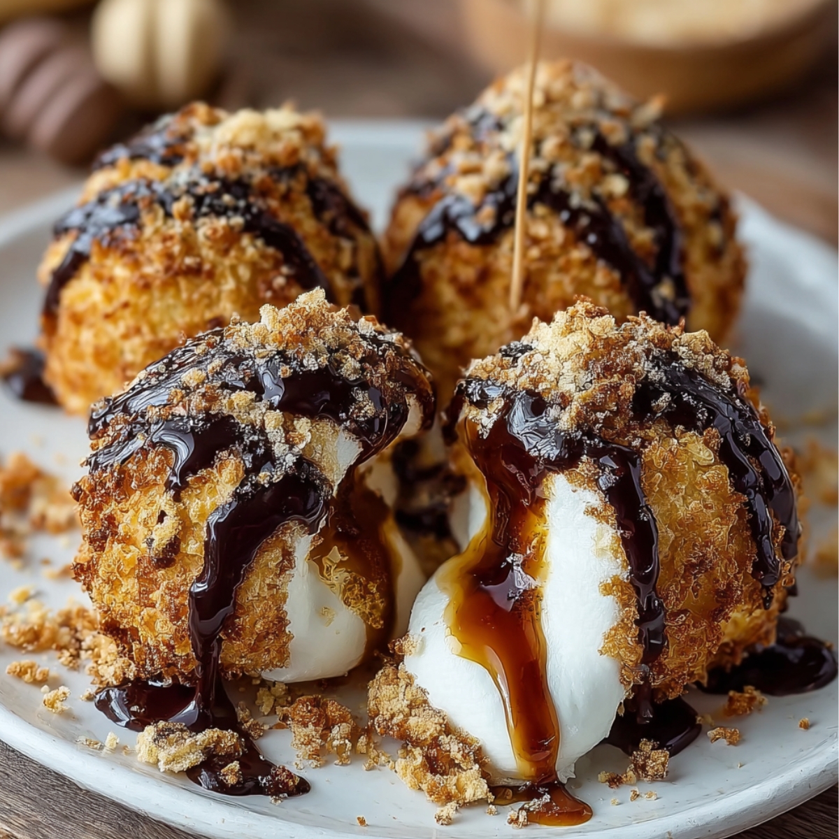 Homemade fried s’mores bombs on a white plate, one split open with gooey marshmallow and chocolate oozing out, topped with thick chocolate drizzle and graham cracker coating.
