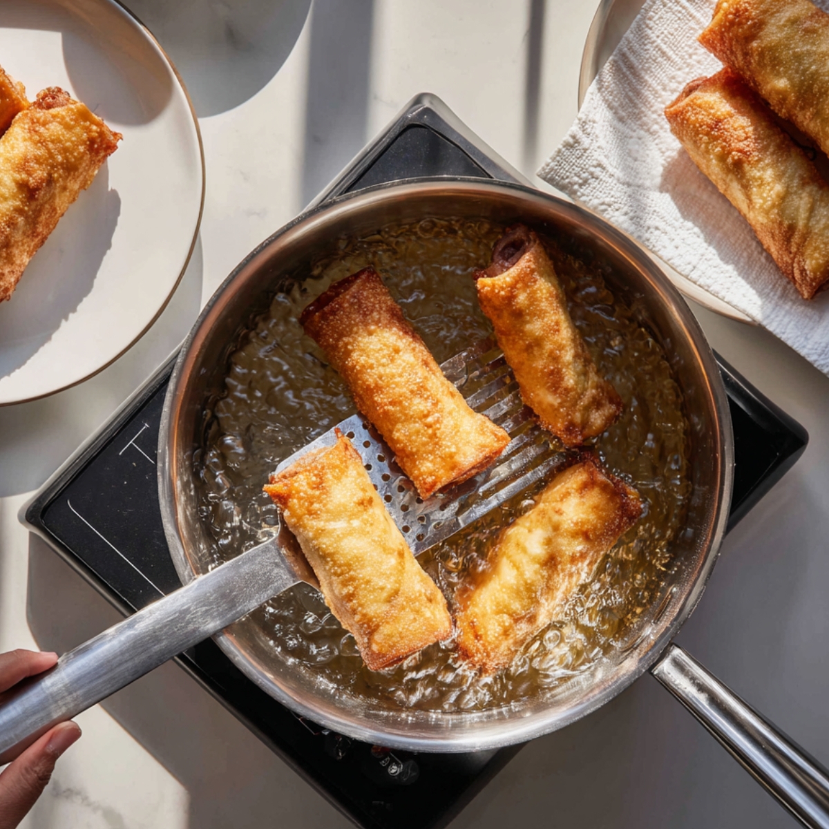 Golden, crispy homemade apple pie egg rolls frying in a skillet, one lifted with a slotted spatula, with cooked rolls on plates nearby.