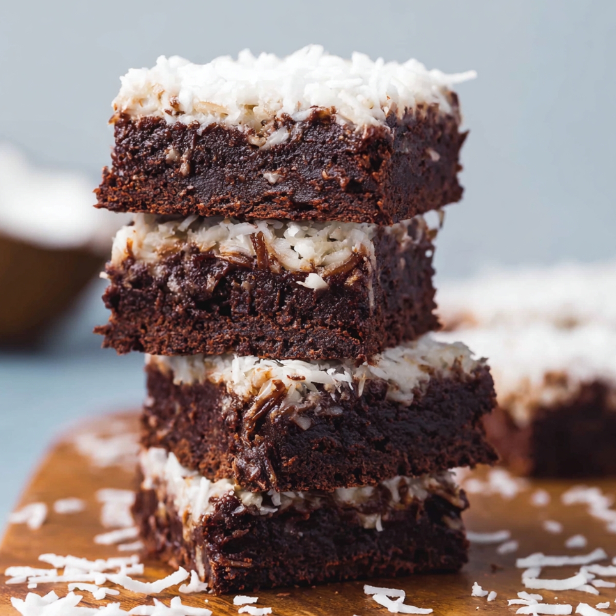 Stack of fudgy coconut brownies on a wooden board, topped with shredded coconut and scattered flakes.