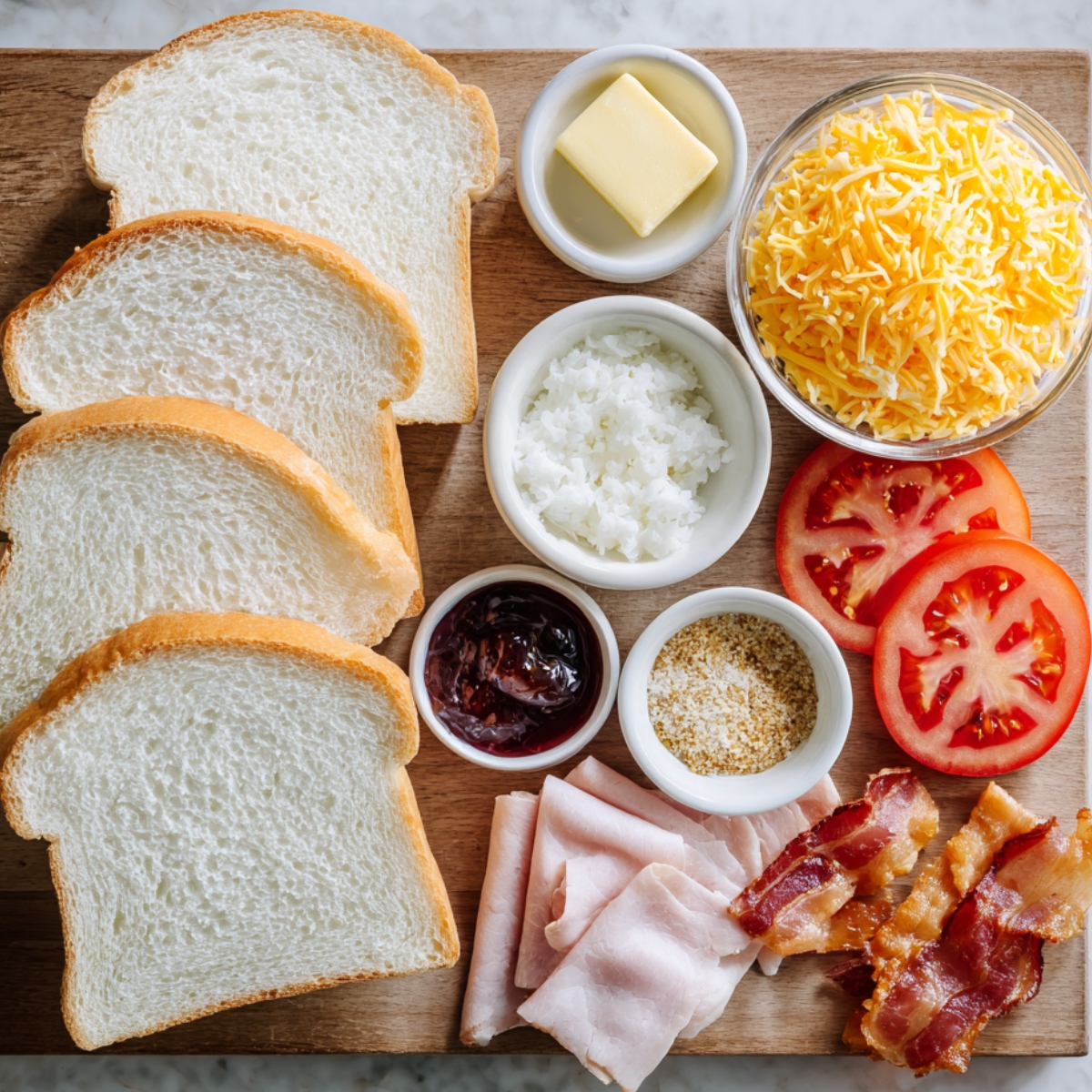 Ingredients for grilled cheese roll ups on a wooden board — slices of white bread, shredded cheese, butter, tomatoes, ham, bacon, jam, and seasonings.