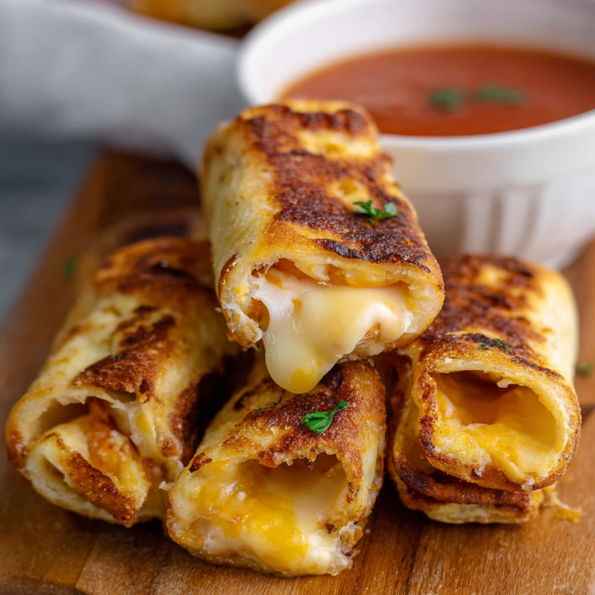 Golden grilled cheese roll ups with melted cheese oozing out, stacked on a wooden board and served with tomato soup.