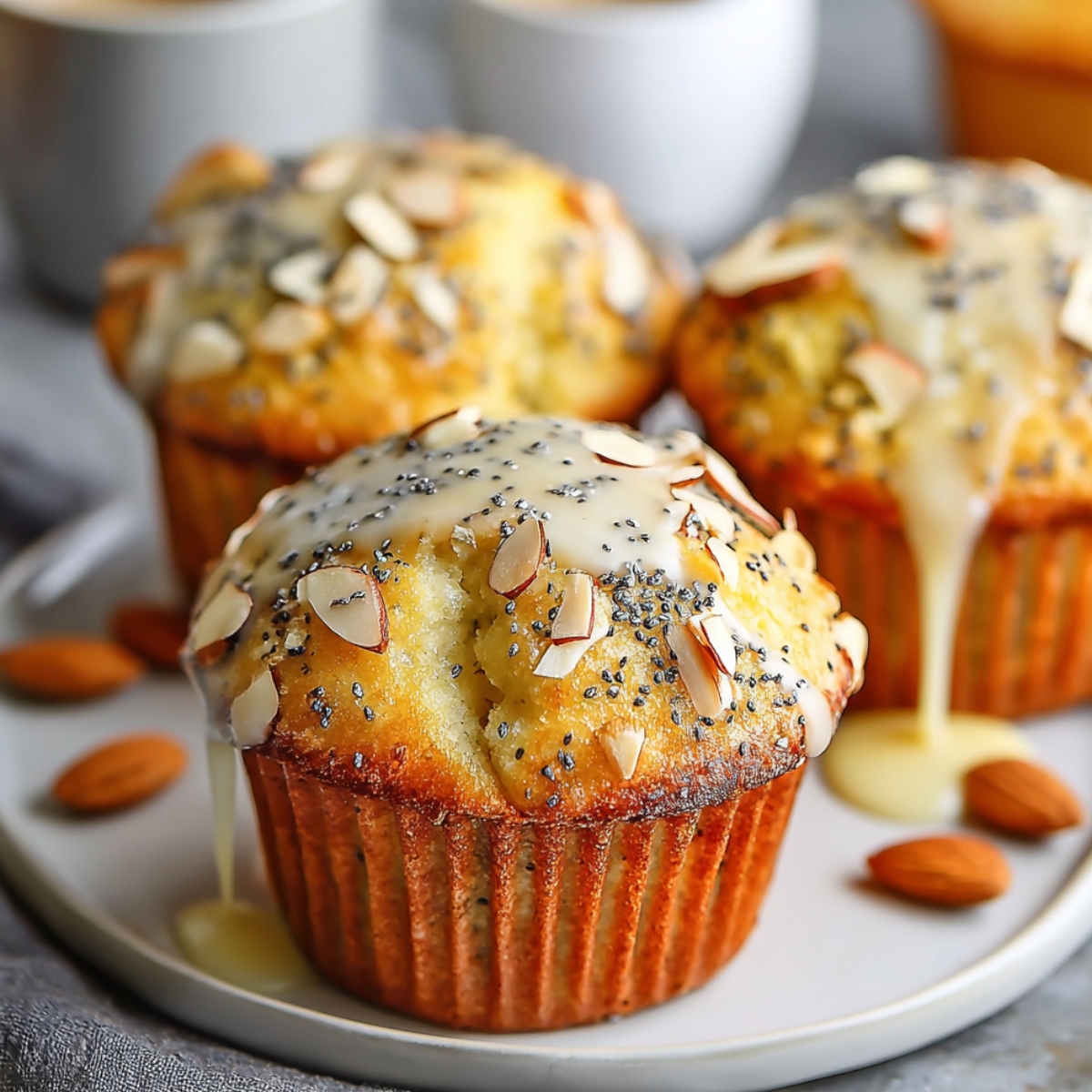 Healthy Almond Poppy Seed Muffins topped with sliced almonds and glaze, served on a white plate with whole almonds and coffee mugs in the background.