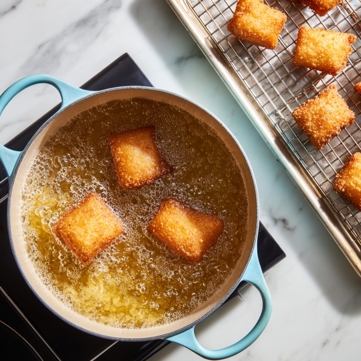 Golden French beignets frying in hot oil inside a blue-handled pot, with more resting on a wire rack to cool.