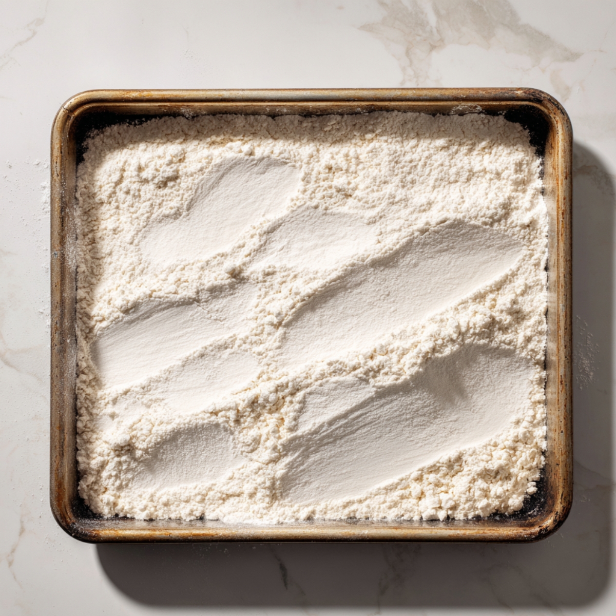 A baking sheet filled with evenly spread all-purpose flour, ready to be heat-treated for edible cookie dough, set on a clean, lightly marbled countertop with soft natural lighting.
