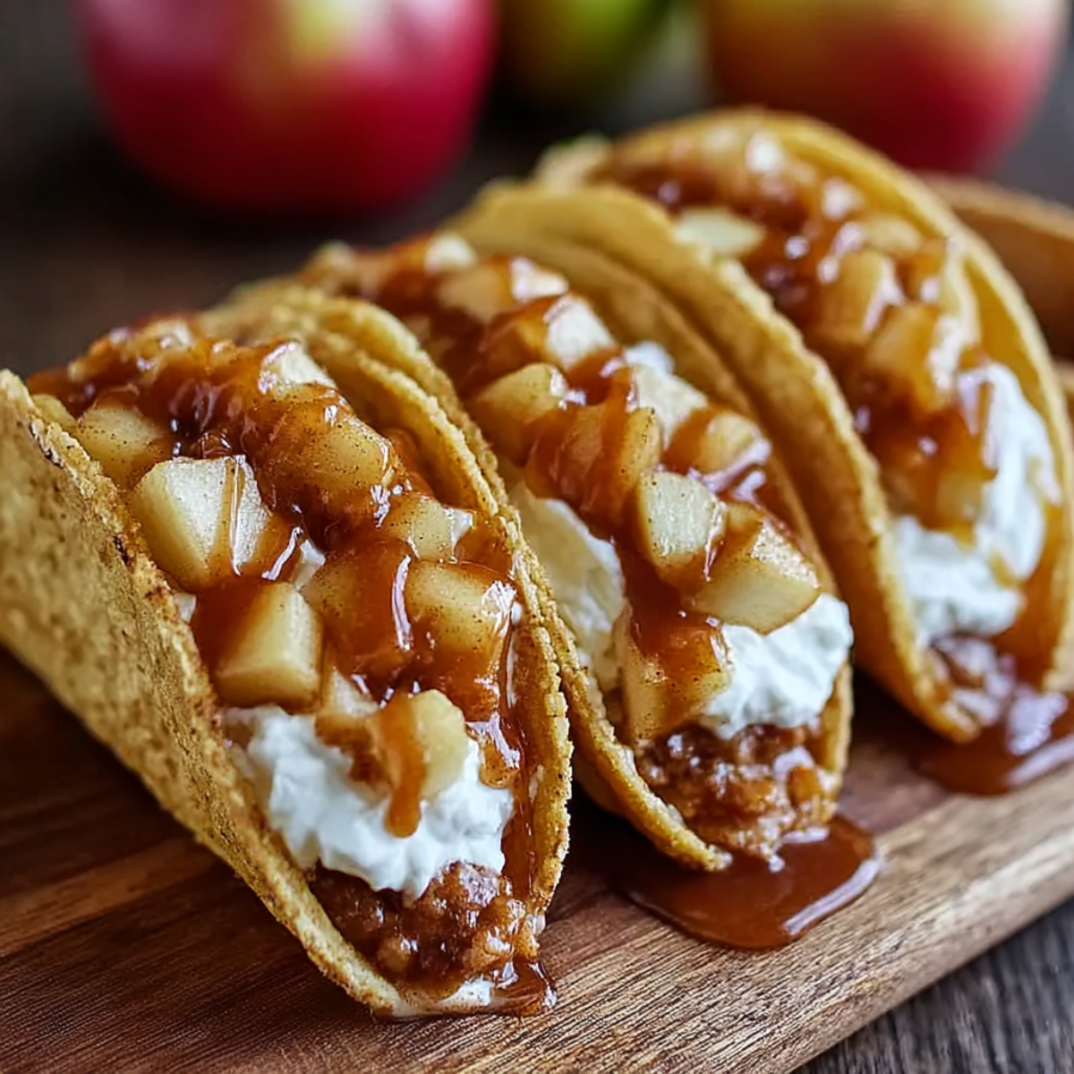 Homemade apple cheesecake tacos with cinnamon sugar shells, whipped cheesecake filling, diced apples, and caramel drizzle on a wooden board.