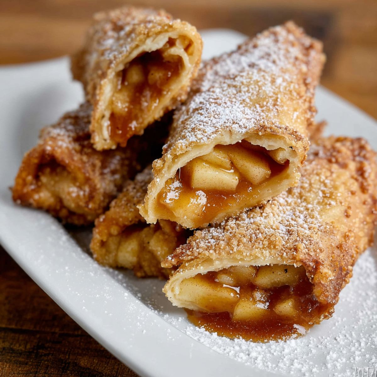 Homemade Apple Pie Egg Rolls on a gray plate, dusted with powdered sugar, filled with cinnamon-apple filling, with caramel sauce and apples in the background.