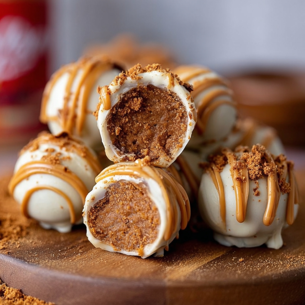 Homemade Biscoff truffles on a wooden board, coated in white chocolate, drizzled with Biscoff spread, and topped with crushed cookies. Two truffles are bitten to show the soft, spiced center.