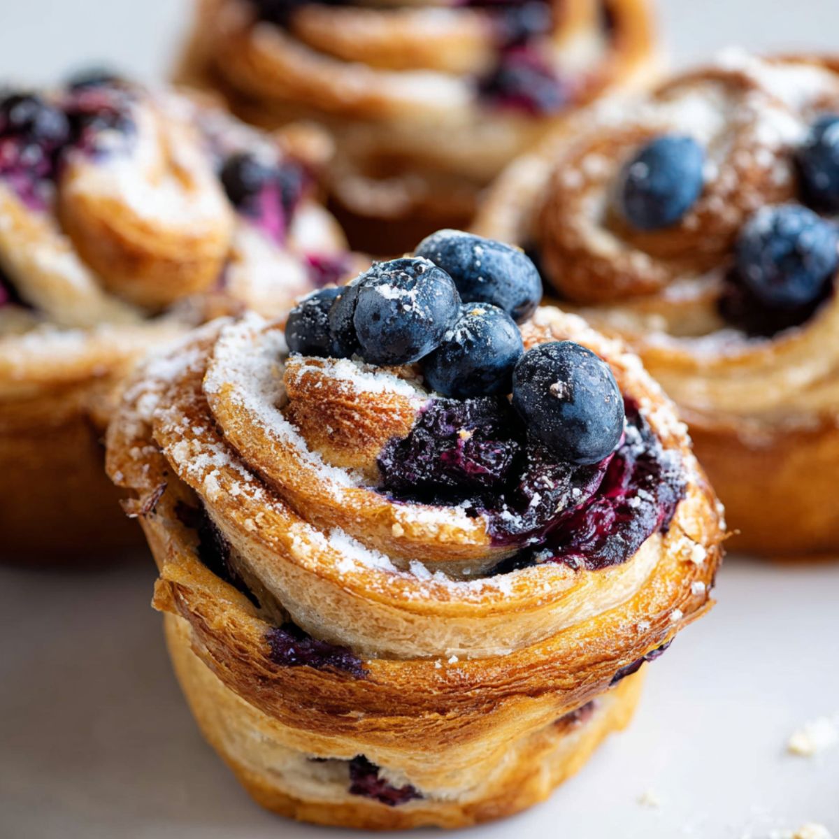 Homemade blueberry cruffins with golden flaky layers, fresh blueberries on top, and a dusting of powdered sugar, shot in natural daylight on a light surface.