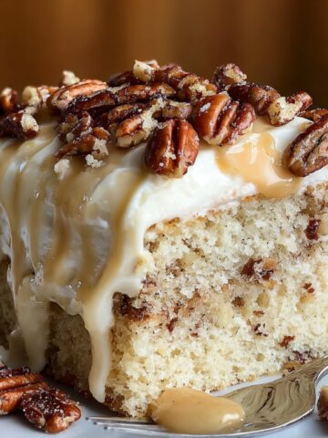 Homemade Butter Pecan Tres Leches Cake with whipped cream, caramel drizzle, and toasted pecans on a white plate.