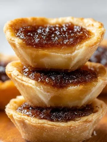 Homemade Butter Tarts with golden flaky pastry and glossy brown sugar filling, on a wooden surface with blurred tarts in the background.