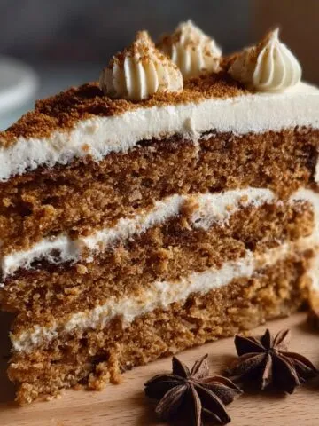 A homemade chai spice cake slice with three spiced layers, creamy white frosting, and a dusting of spices on top, served on a wooden board with star anise and a cinnamon stick.