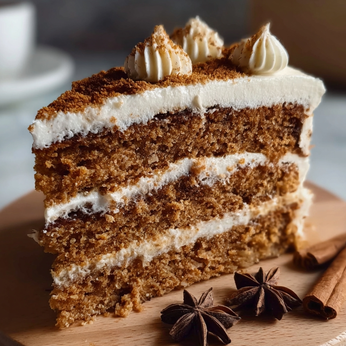 A homemade chai spice cake slice with three spiced layers, creamy white frosting, and a dusting of spices on top, served on a wooden board with star anise and a cinnamon stick.