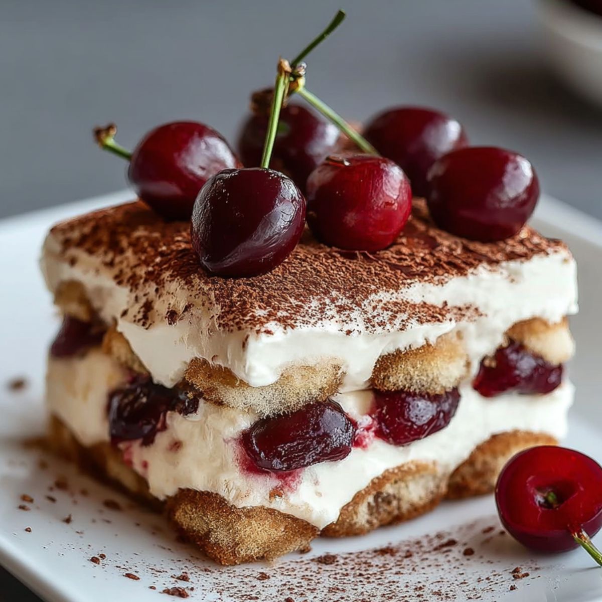 Homemade Cherry Amaretto Tiramisu with mascarpone, soaked ladyfingers, and cherries, topped with cocoa powder and fresh cherries on a white plate.