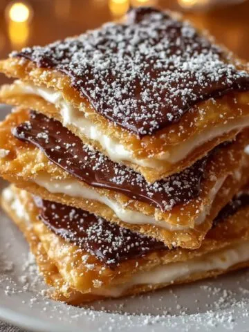 Homemade Churro Saltine Toffee on a grey plate, with golden flaky crackers, creamy filling, caramel-chocolate topping, and a dusting of powdered sugar against a warm bokeh background.