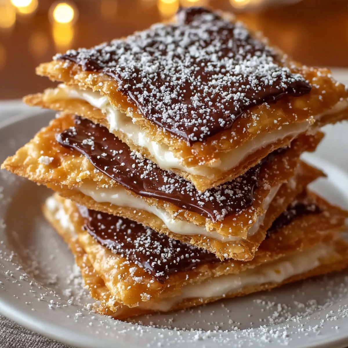 Homemade Churro Saltine Toffee on a grey plate, with golden flaky crackers, creamy filling, caramel-chocolate topping, and a dusting of powdered sugar against a warm bokeh background.