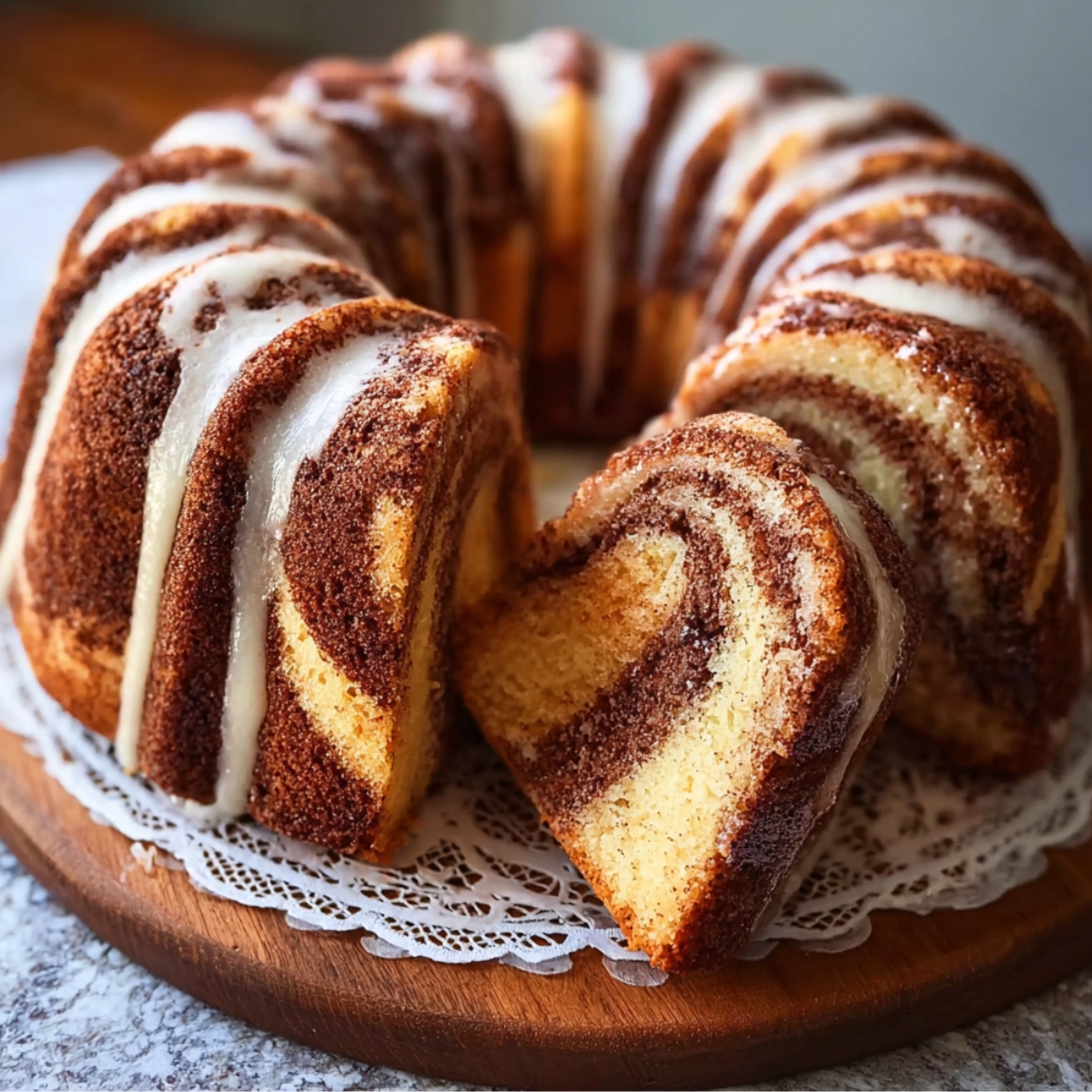 Homemade cinnamon swirl bundt cake on a white lace cake stand, showing golden crumb with rich cinnamon swirls and a soft, moist texture.