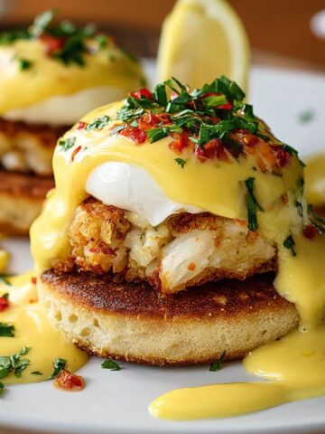 Homemade Crab Cake Eggs Benedict with poached eggs, hollandaise sauce, parsley, and red pepper flakes on toasted English muffins, served with lemon wedges.