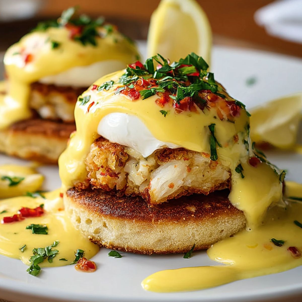 Homemade Crab Cake Eggs Benedict with poached eggs, hollandaise sauce, parsley, and red pepper flakes on toasted English muffins, served with lemon wedges.