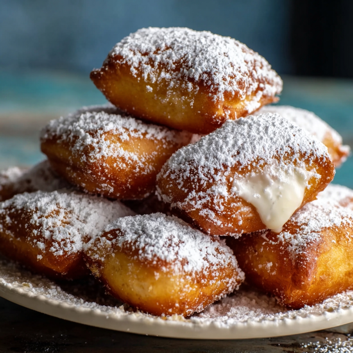 Homemade French beignets stacked on a patterned plate, dusted with powdered sugar, with one showing creamy filling, served beside a cup of coffee.