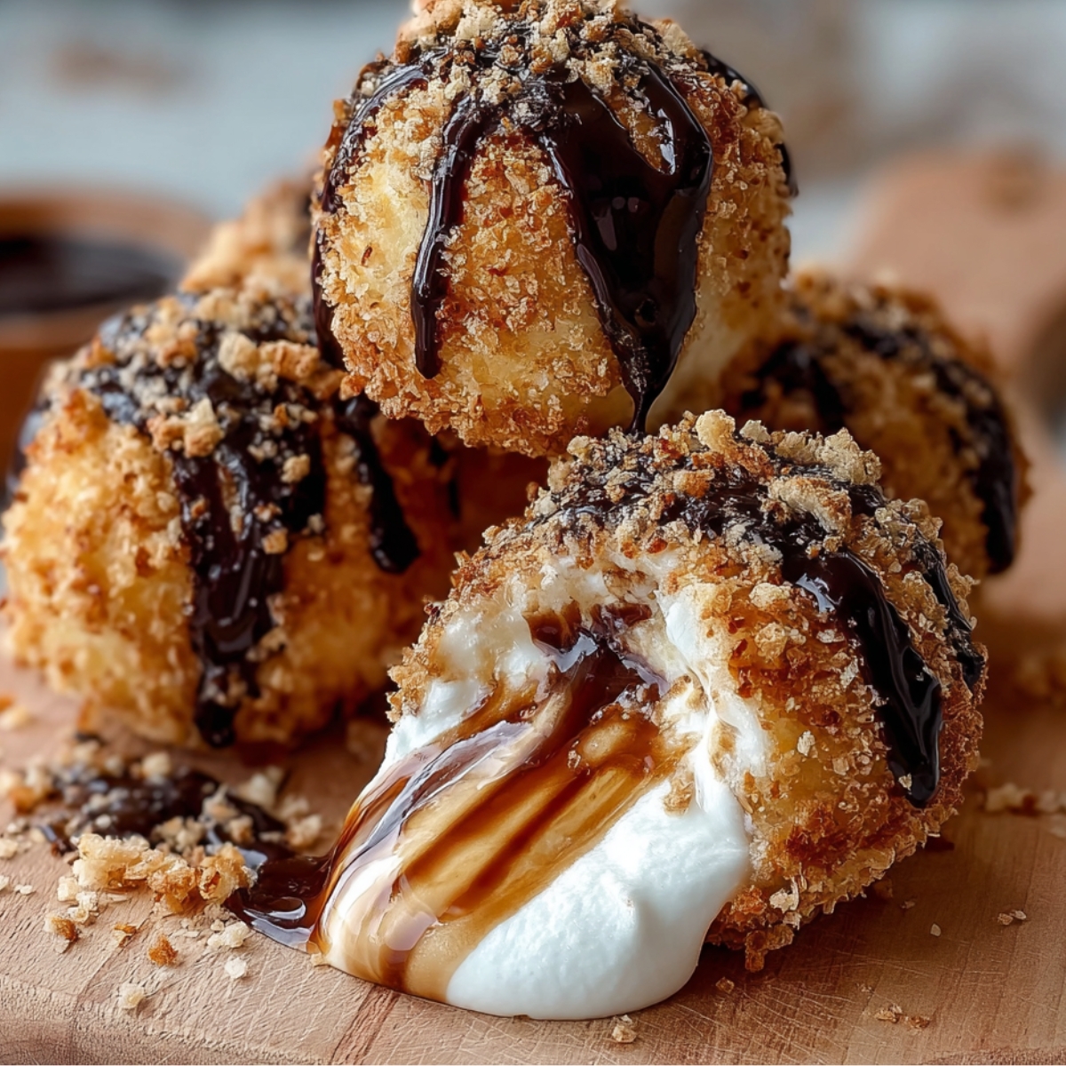Homemade fried s’mores bombs with a golden graham crust, one cut open showing gooey marshmallow inside, topped with rich chocolate syrup being drizzled over, on a beige plate with crumbs.