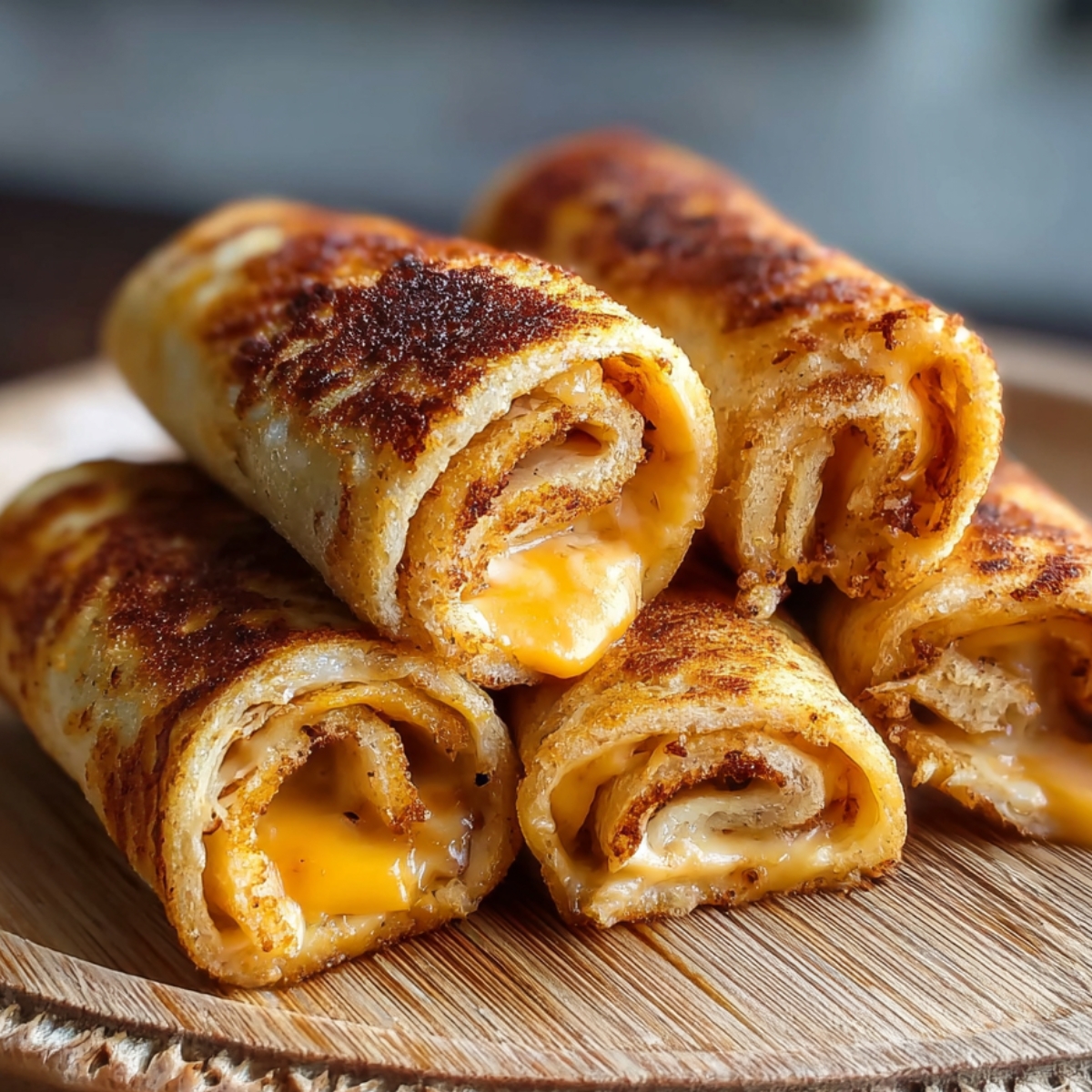 Homemade Grilled Cheese Roll Ups stacked on a plate with melted cheese inside, served with tomato soup for dipping.