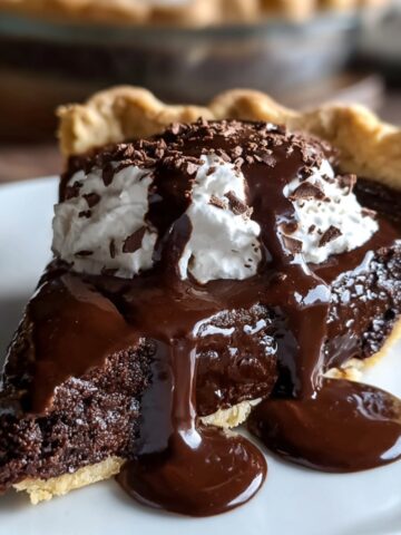 Homemade Hot Fudge Pie with whipped cream, chocolate sauce, and shavings on a white plate.