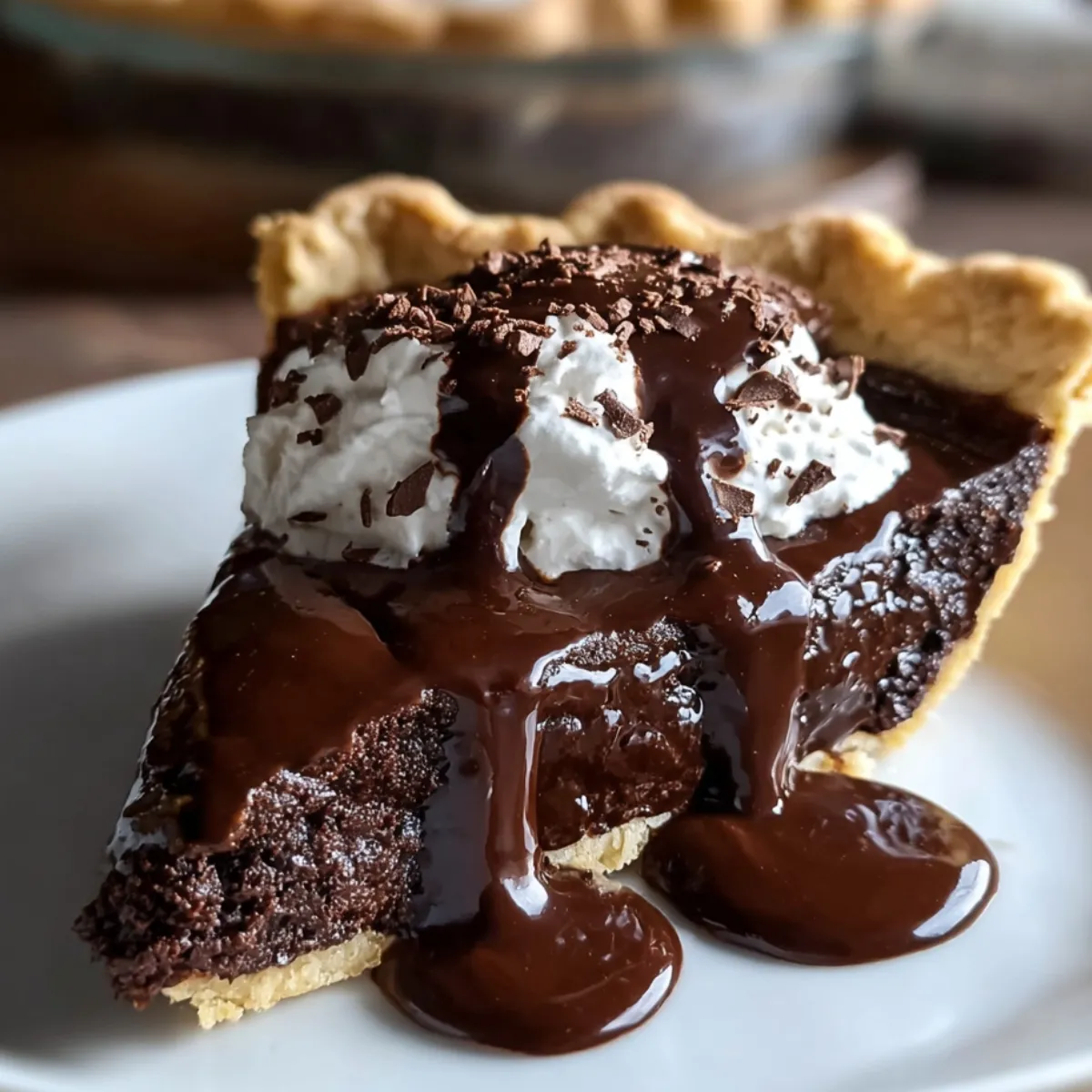 Homemade Hot Fudge Pie with whipped cream, chocolate sauce, and shavings on a white plate.
