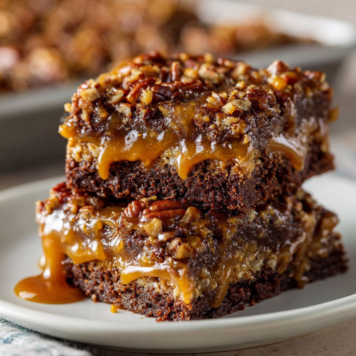 Stacked homemade Knock You Naked Bars with gooey caramel, fudgy chocolate layers, and chopped pecans on top, served on a white plate with a rustic, fresh-baked look.