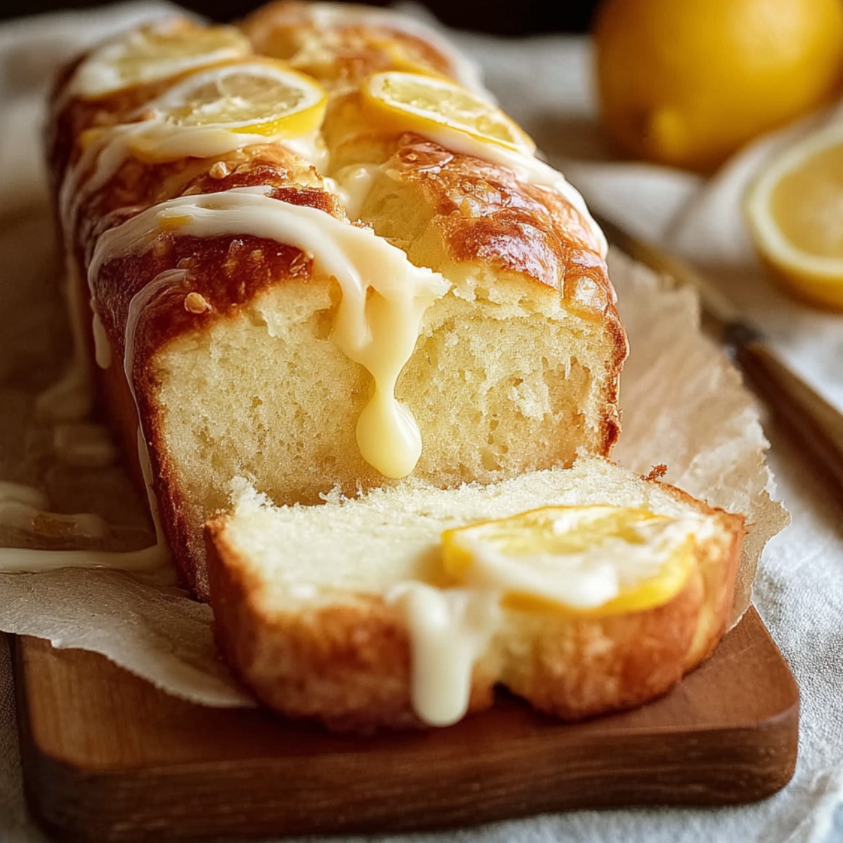 Homemade lemon cream cheese bread on a parchment-lined wooden board, topped with dripping lemon glaze and lemon slices, one slice cut to show moist crumb; blurred lemons in the background.