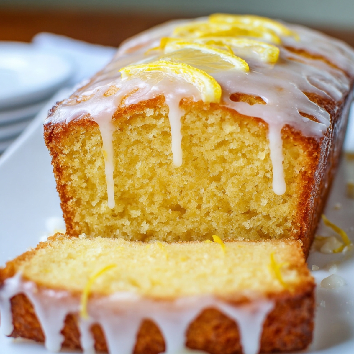 Homemade lemon drizzle cake loaf, golden sponge with icing drizzle and lemon zest on top, sliced to show moist texture, with fresh lemons in the background.