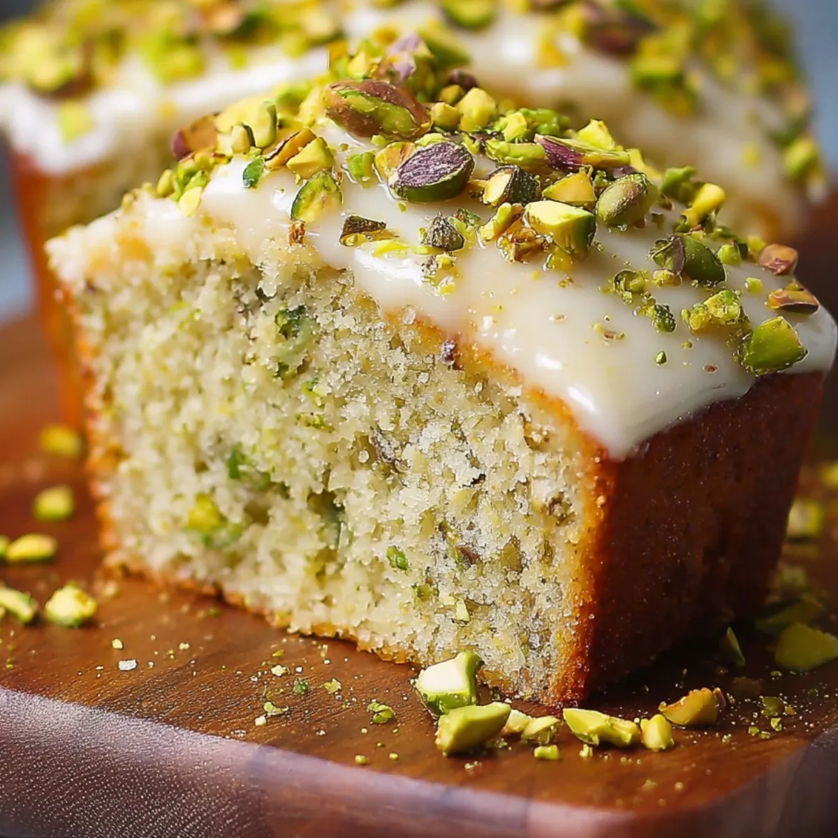 Homemade Lemon Pistachio Cake with lemon glaze and chopped pistachios on top, sitting on a wooden board. Moist crumb with pistachio pieces, rustic and real homemade style.