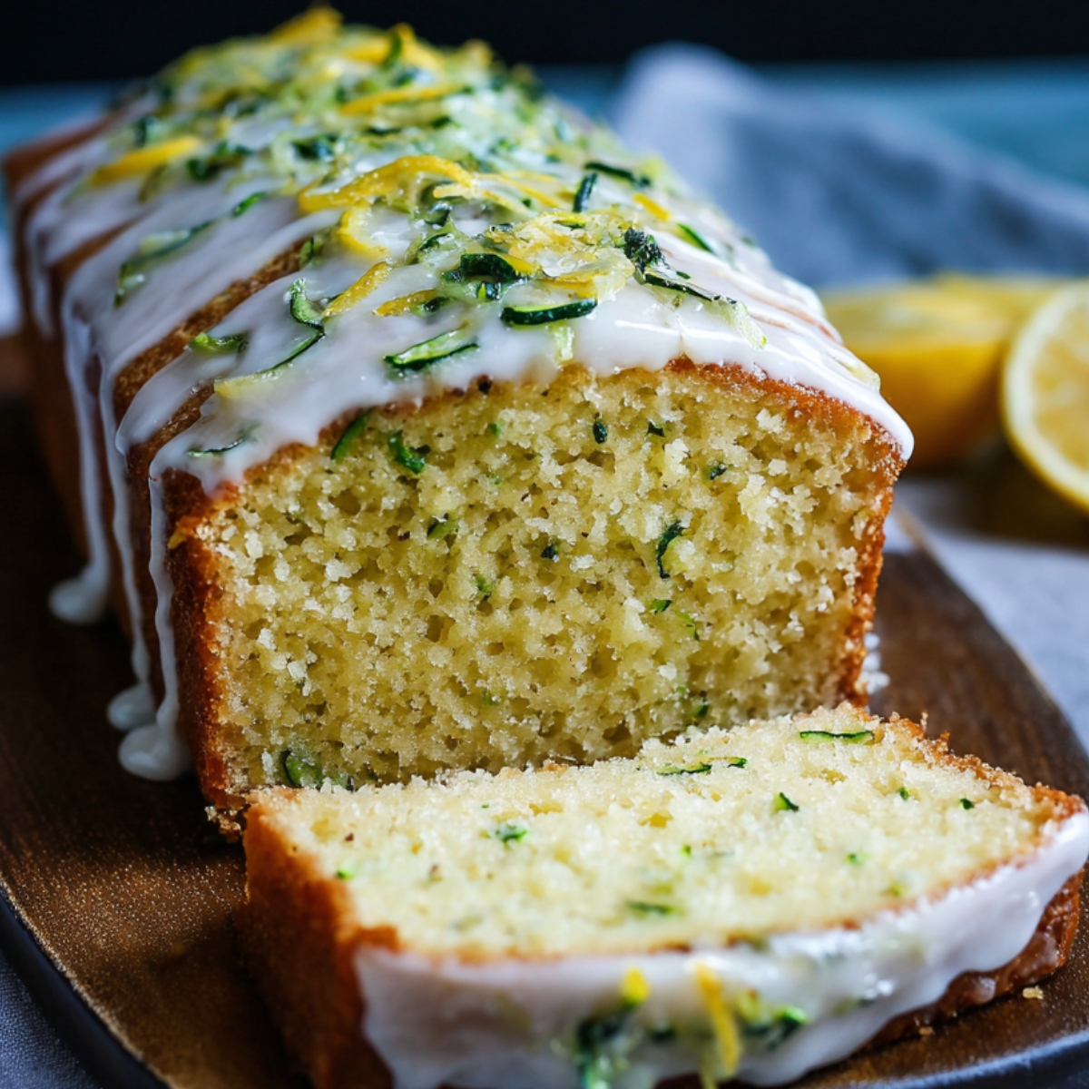 Sliced Homemade Lemon Zucchini Cake with white glaze and zucchini-lemon zest topping on a wooden board.