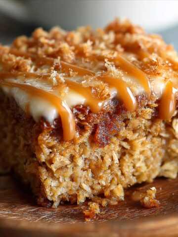 Homemade Oatmeal Cake slice with oats, toasted coconut, glaze, and caramel drizzle on a wooden plate.