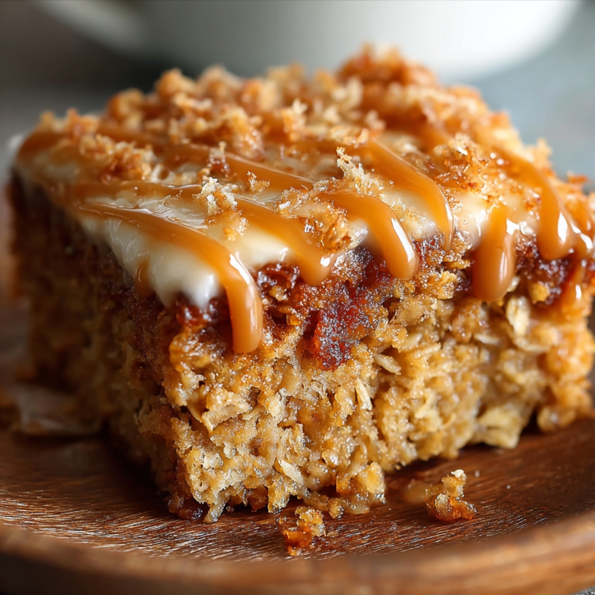 Homemade Oatmeal Cake slice with oats, toasted coconut, glaze, and caramel drizzle on a wooden plate.